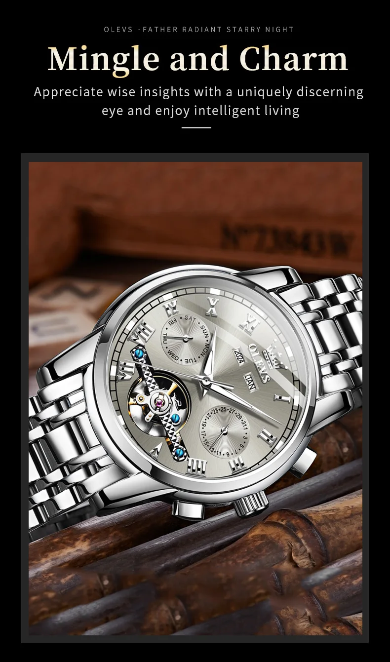 OLEVS 6607 Men's Watches Automatic Mechanical Business Wristwatch Calendar Waterproof Stainless Steel Strap Watch For Man