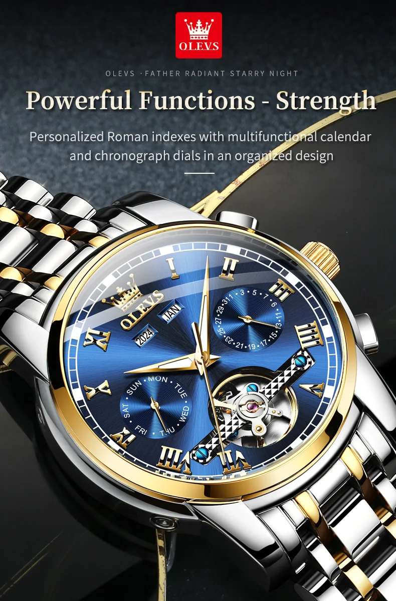 OLEVS 6607 Men's Watches Automatic Mechanical Business Wristwatch Calendar Waterproof Stainless Steel Strap Watch For Man