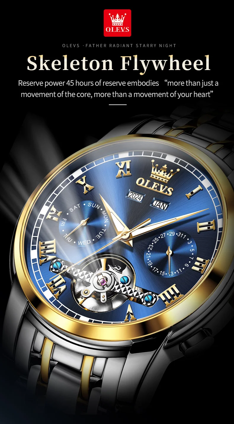 OLEVS 6607 Men's Watches Automatic Mechanical Business Wristwatch Calendar Waterproof Stainless Steel Strap Watch For Man
