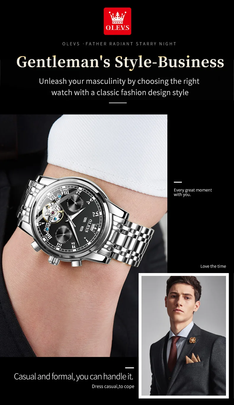 OLEVS 6607 Men's Watches Automatic Mechanical Business Wristwatch Calendar Waterproof Stainless Steel Strap Watch For Man