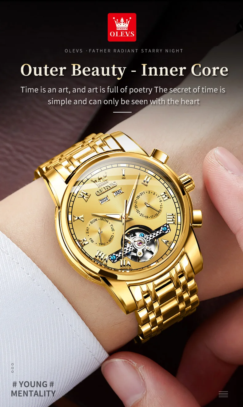 OLEVS 6607 Men's Watches Automatic Mechanical Business Wristwatch Calendar Waterproof Stainless Steel Strap Watch For Man