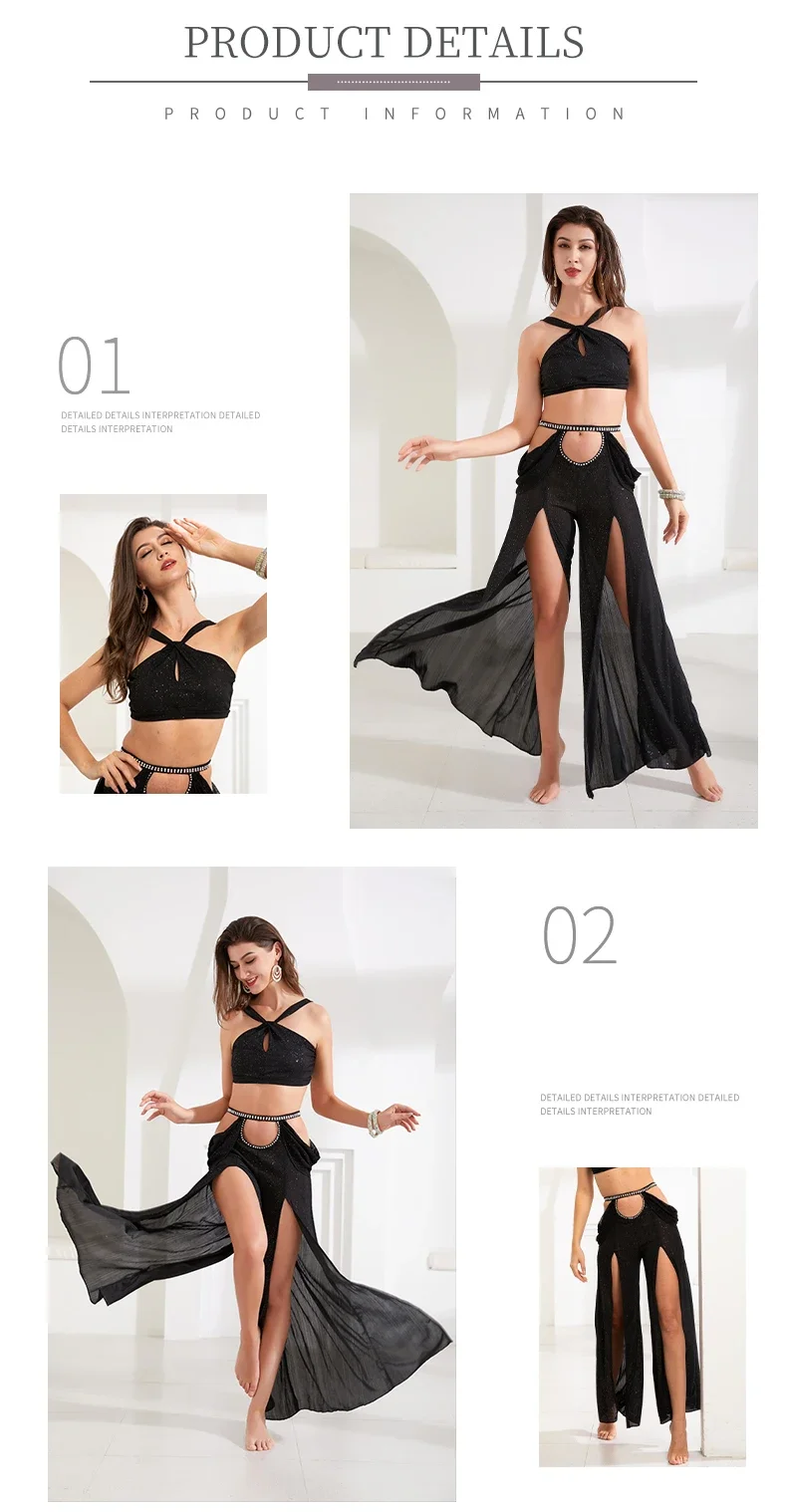 Women's Belly Dance Dance Suit Practice Clothes New Sexy Hollow Split Long Skirt+Top Bellydance Set Suit