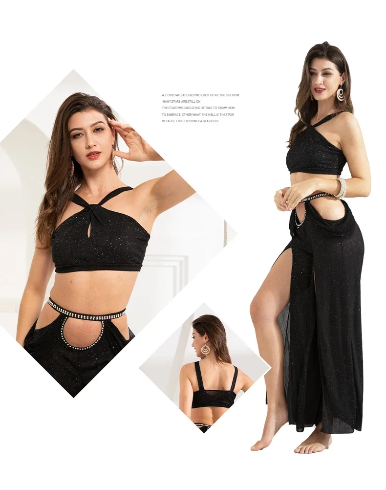 Women's Belly Dance Dance Suit Practice Clothes New Sexy Hollow Split Long Skirt+Top Bellydance Set Suit
