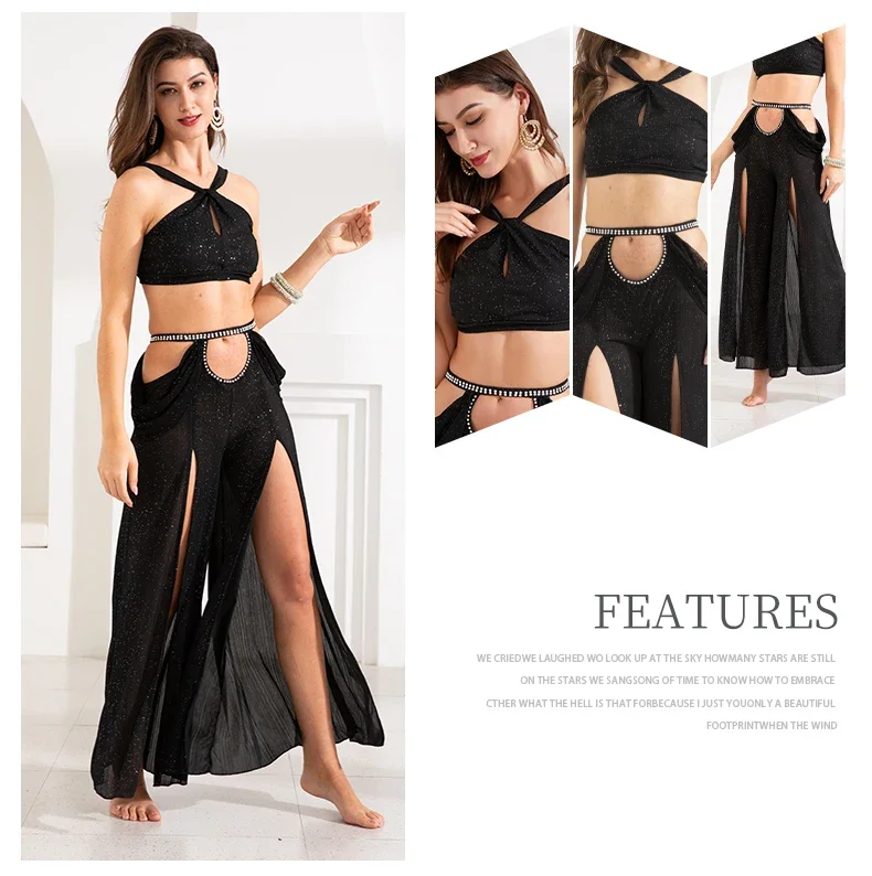Women's Belly Dance Dance Suit Practice Clothes New Sexy Hollow Split Long Skirt+Top Bellydance Set Suit