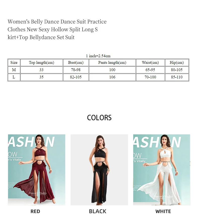 Women's Belly Dance Dance Suit Practice Clothes New Sexy Hollow Split Long Skirt+Top Bellydance Set Suit