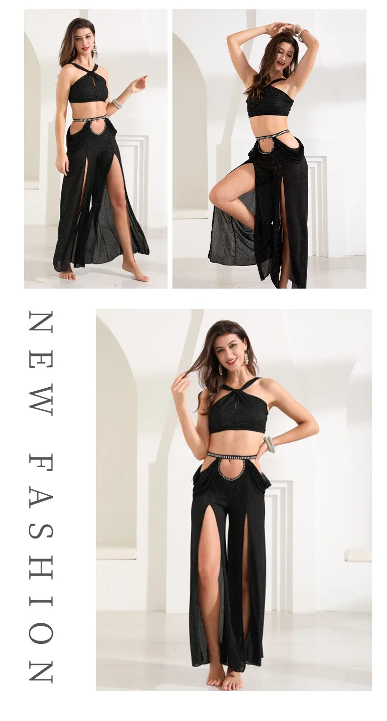 Women's Belly Dance Dance Suit Practice Clothes New Sexy Hollow Split Long Skirt+Top Bellydance Set Suit