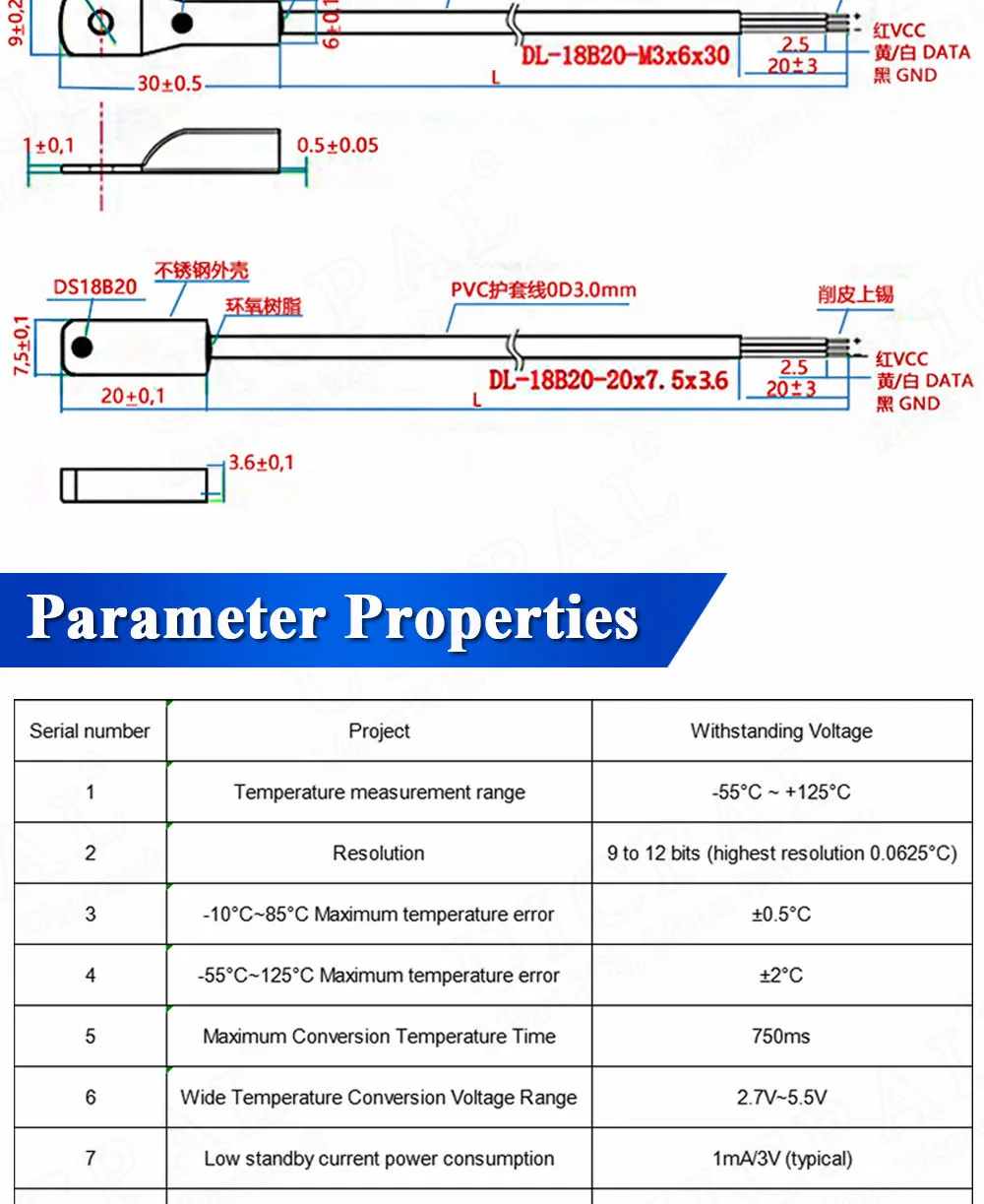 DS18B20 Temperature Sensor Probe 304 Stainless Steel 6*30MM OD 3.0MM Waterproof Dustproof Sensors Cable 1M Length