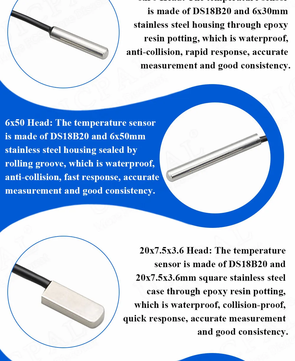 DS18B20 Temperature Sensor Probe 304 Stainless Steel 6*30MM OD 3.0MM Waterproof Dustproof Sensors Cable 1M Length