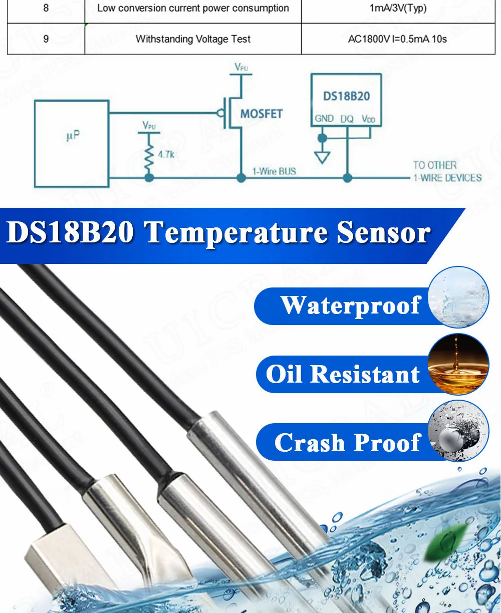 DS18B20 Temperature Sensor Probe 304 Stainless Steel 6*30MM OD 3.0MM Waterproof Dustproof Sensors Cable 1M Length