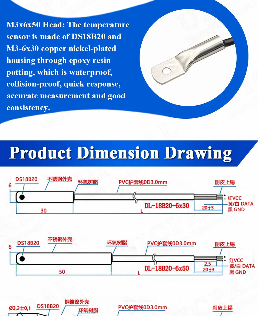 DS18B20 Temperature Sensor Probe 304 Stainless Steel 6*30MM OD 3.0MM Waterproof Dustproof Sensors Cable 1M Length