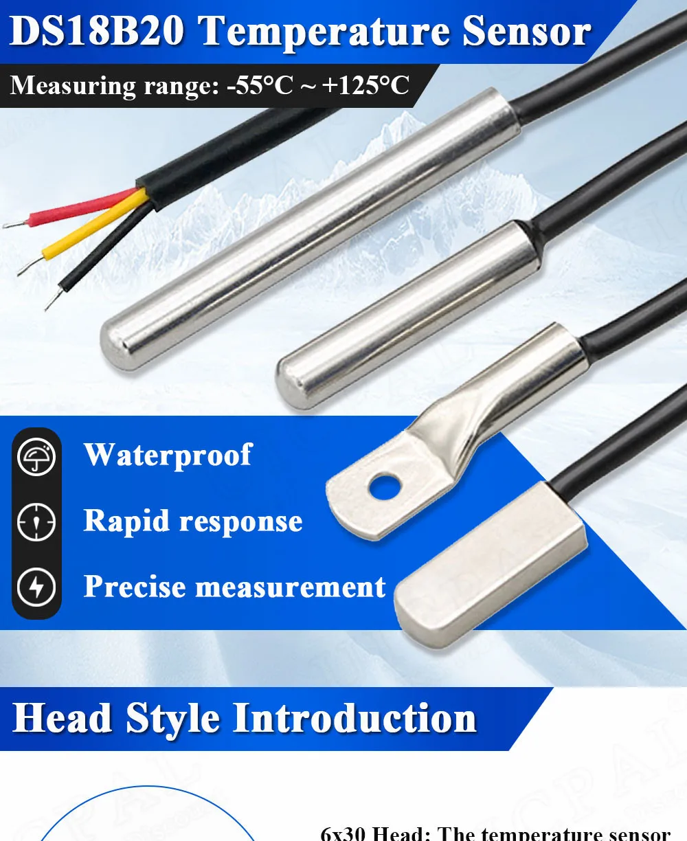 DS18B20 Temperature Sensor Probe 304 Stainless Steel 6*30MM OD 3.0MM Waterproof Dustproof Sensors Cable 1M Length