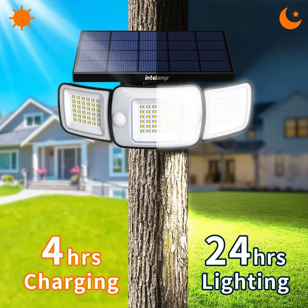 Intelamp Long Battery Life 6000mah Outdoor Solar Light Flood Light Larger Solar Panel Two Motion Sensors For Garden Yard Garage
