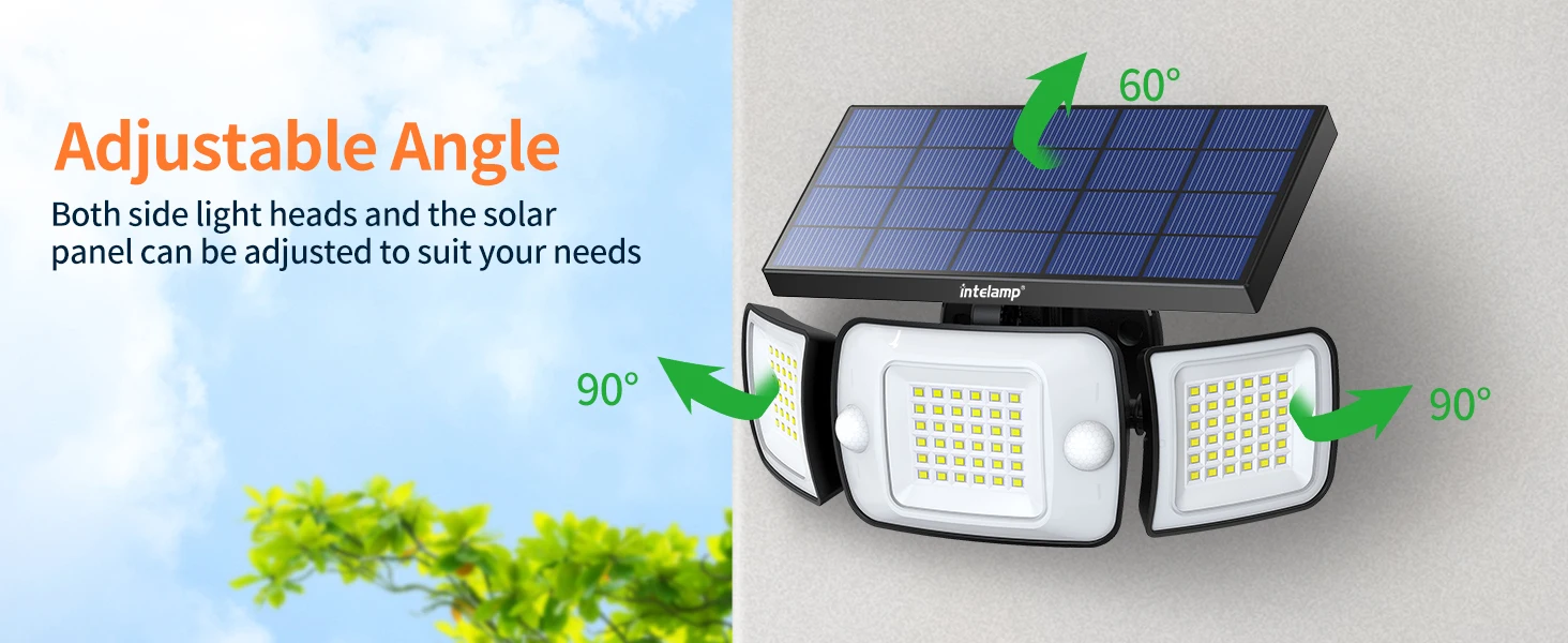 Intelamp Long Battery Life 6000mah Outdoor Solar Light Flood Light Larger Solar Panel Two Motion Sensors For Garden Yard Garage