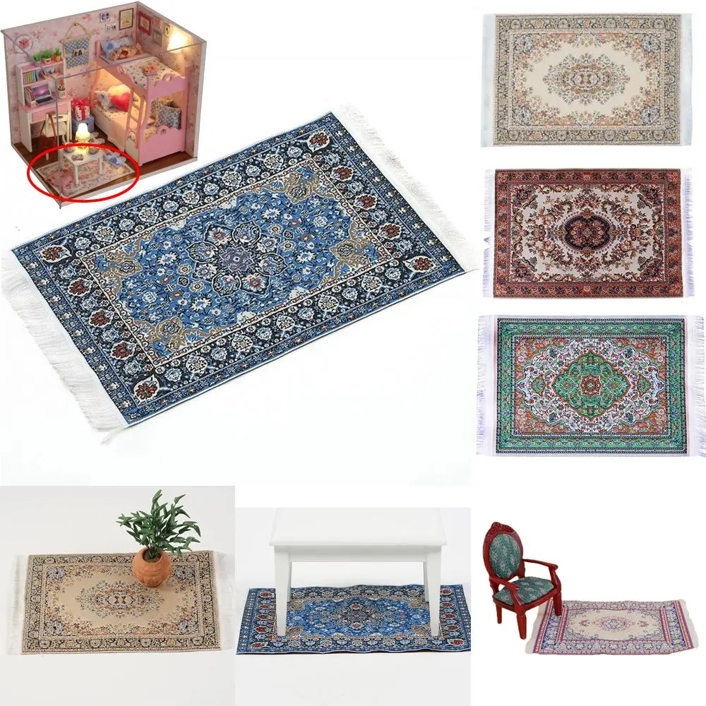 1:12 Scale Dollhouse Carpet Playing House Decor Floor Coverings Floral Pattern Mat Doll Accessories Miniature Weaving Rug