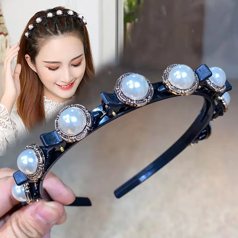 2024 New Fashion Hot Sale Explosion Pearl Rhinestone Bangs Clip Headband Headband for Women Girl Hair Accessories Headwear