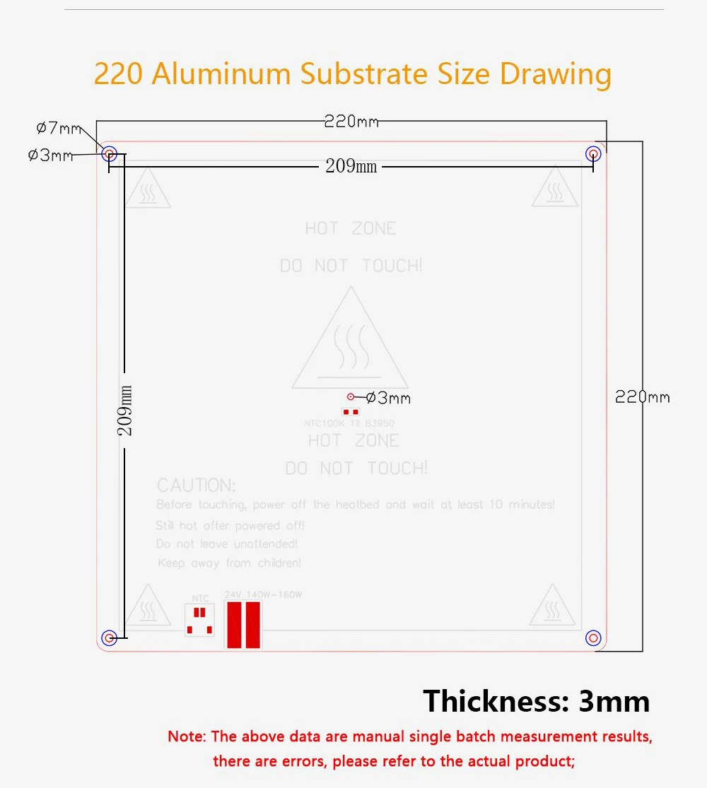 LERDGE 3D Printer Parts 3mm Aluminum Substrate Hotbed MK2A Heated Hot bed Plate Heating Platform Accessories 220mm 310mm