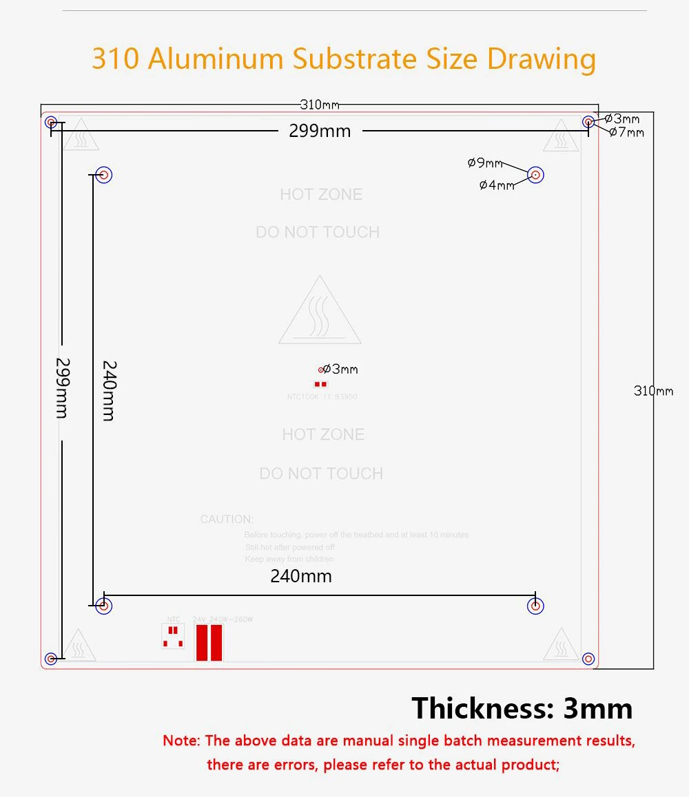 LERDGE 3D Printer Parts 3mm Aluminum Substrate Hotbed MK2A Heated Hot bed Plate Heating Platform Accessories 220mm 310mm