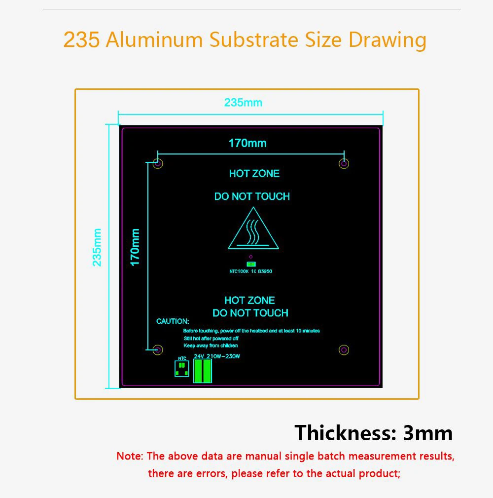 LERDGE 3D Printer Parts 3mm Aluminum Substrate Hotbed MK2A Heated Hot bed Plate Heating Platform Accessories 220mm 310mm