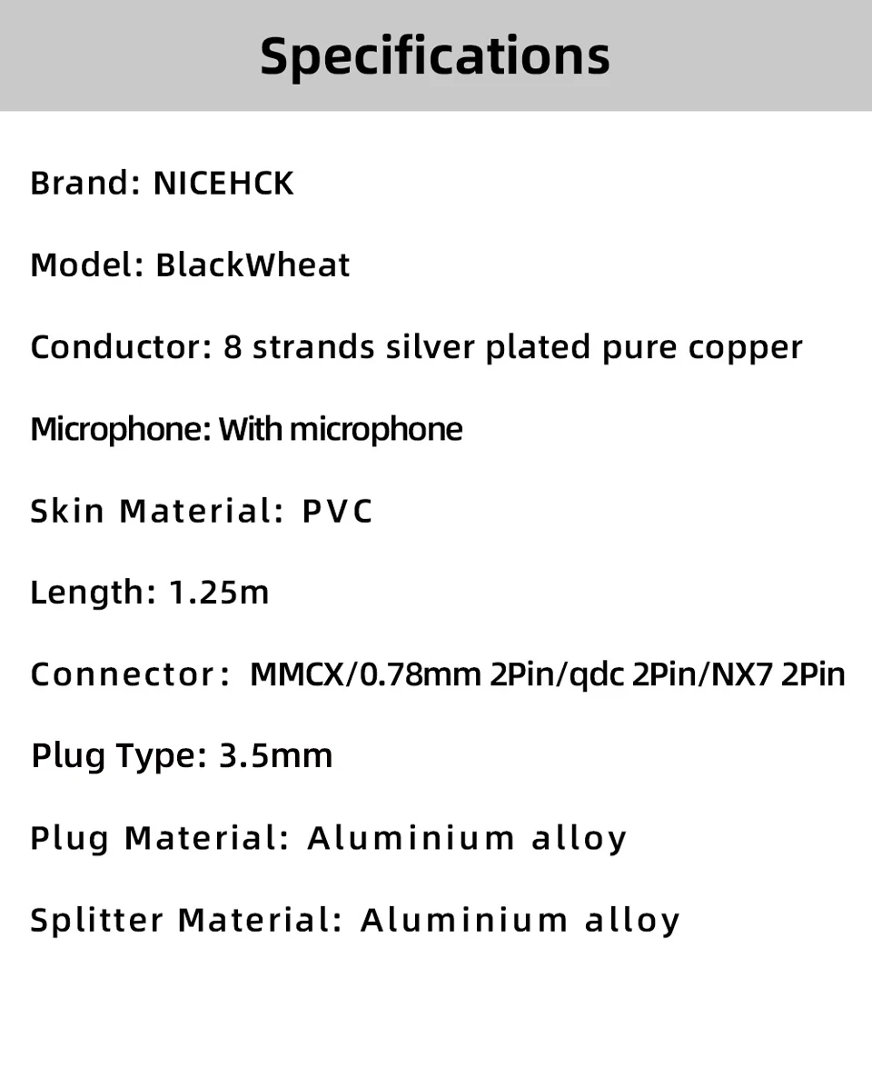 NICEHCK BlackWheat 8 Core Silver Plated Copper Microphone Cable MMCX/QDC/0.78 2Pin With Mic for DB1 DB3 AS10 EDX CA4 C12
