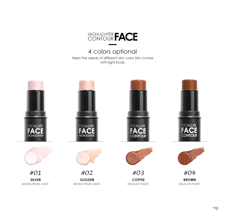 Focallure 4 Colors Highlighter Stick Silky Texture Face Contour Stick Natural Illuminate Makeup Bronzer Highlight Shaded Bar