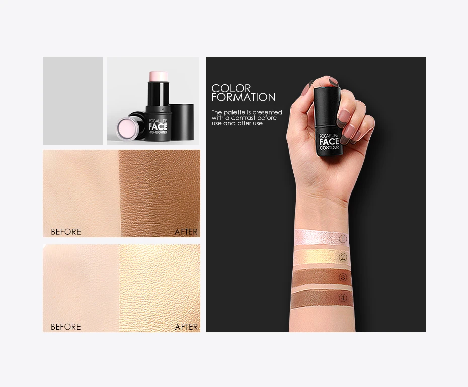 Focallure 4 Colors Highlighter Stick Silky Texture Face Contour Stick Natural Illuminate Makeup Bronzer Highlight Shaded Bar