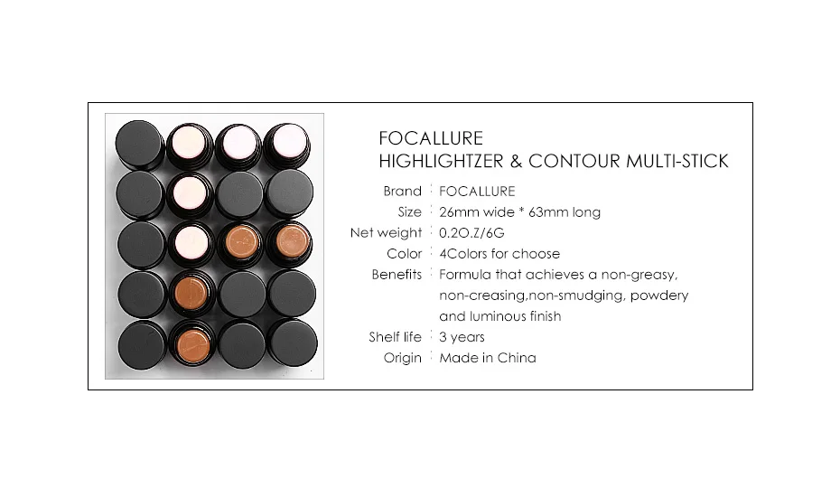 Focallure 4 Colors Highlighter Stick Silky Texture Face Contour Stick Natural Illuminate Makeup Bronzer Highlight Shaded Bar