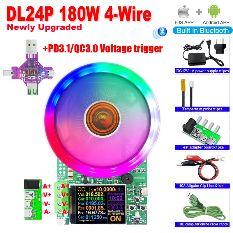 180W DC Tester APP Electronic Load Lithium Battery Capacity Monitor Discharge Charge Power Meter Supply Checker + PD/QC Trigger