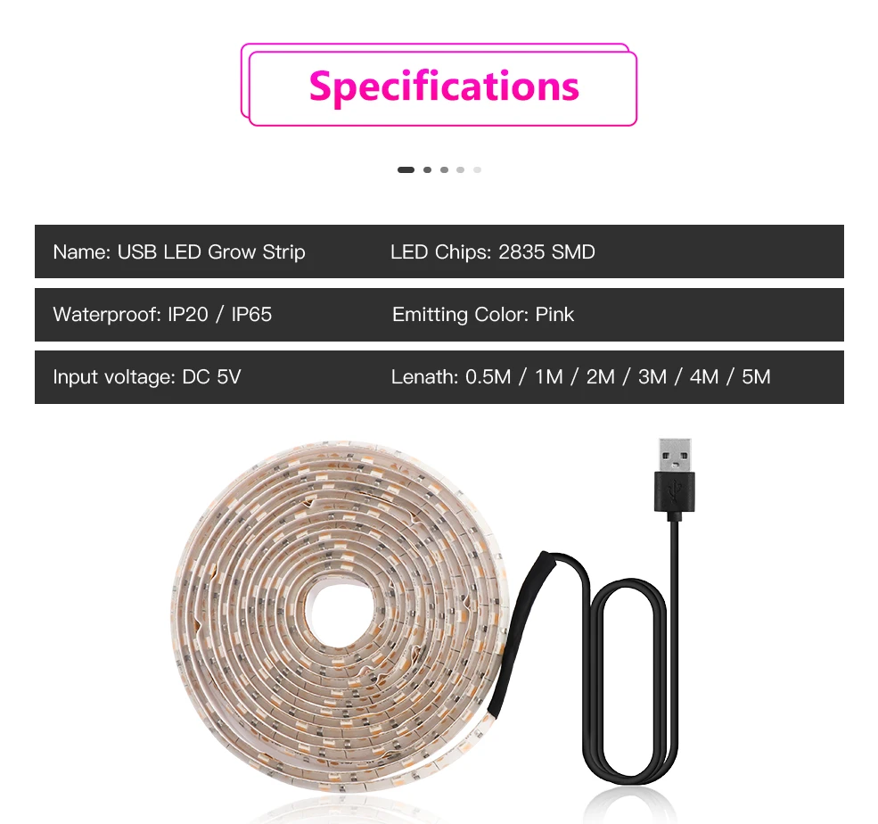 Full Spectrum LED Grow Light USB Grow Light Strip 0.5m 1m 2m 3m 4m 5m 2835 SMD LED Phyto Tape for Seed Plant Flower Greenhouse