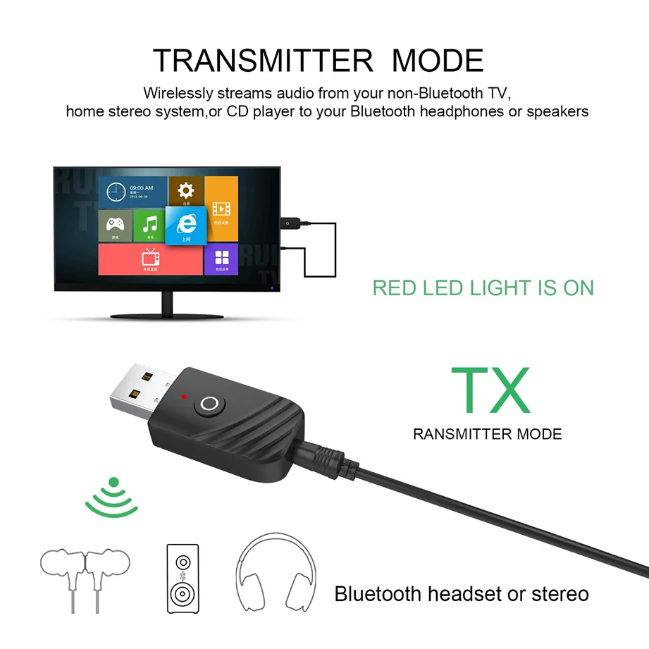 BT 3 in 1 Wireless USB Bluetooth 5.0 Adapter Audio Receiver Transmitter 3.5mm AUX Adaptador for Car TV PC Computer Home Stereo