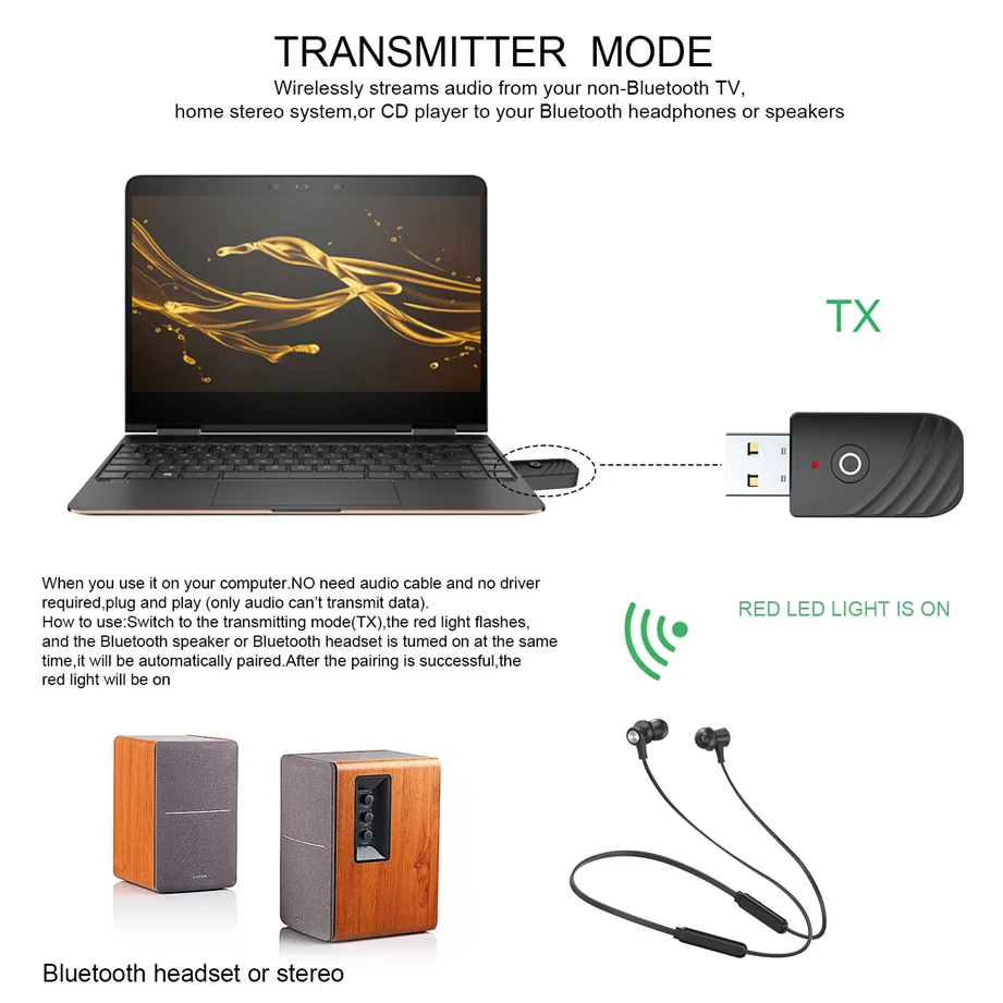 BT 3 in 1 Wireless USB Bluetooth 5.0 Adapter Audio Receiver Transmitter 3.5mm AUX Adaptador for Car TV PC Computer Home Stereo