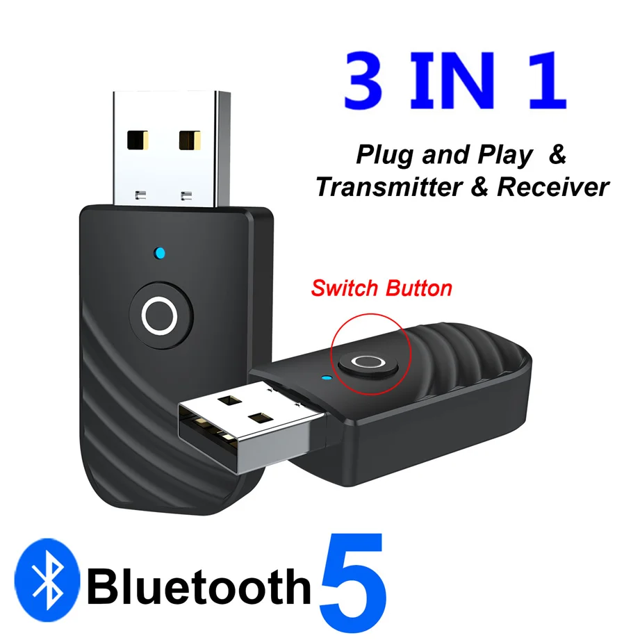 BT 3 in 1 Wireless USB Bluetooth 5.0 Adapter Audio Receiver Transmitter 3.5mm AUX Adaptador for Car TV PC Computer Home Stereo
