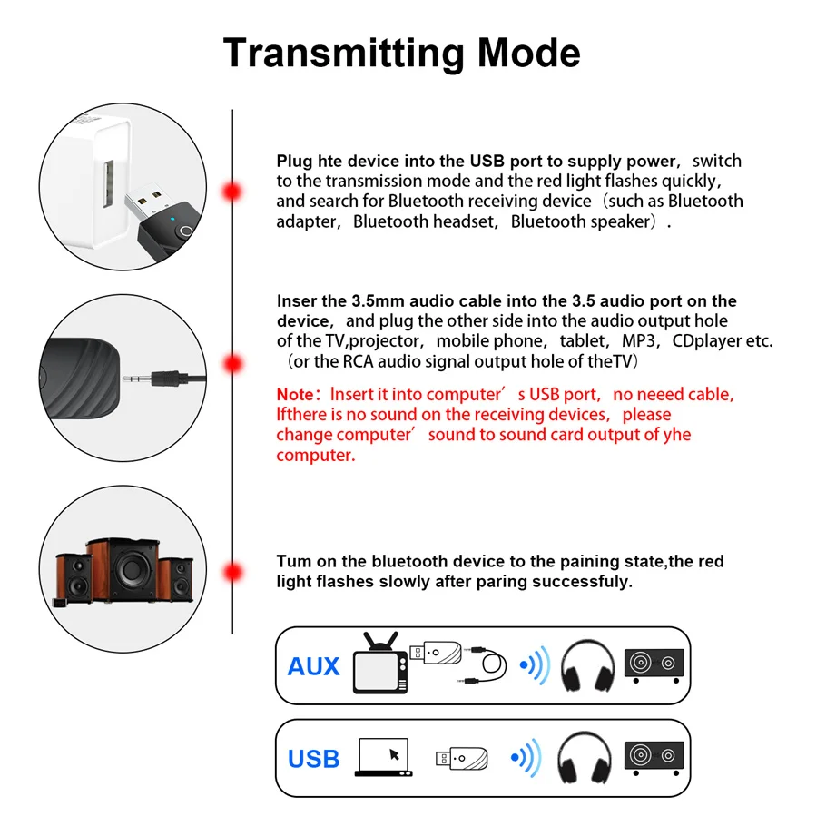 BT 3 in 1 Wireless USB Bluetooth 5.0 Adapter Audio Receiver Transmitter 3.5mm AUX Adaptador for Car TV PC Computer Home Stereo