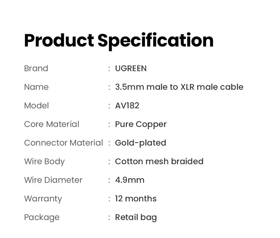 UGREEN XLR to 3.5mm Microphone Audio HiFi Cable XLR Female to Mini Jack Aux Mic Cord for Camcorders DSLR Cameras Computer