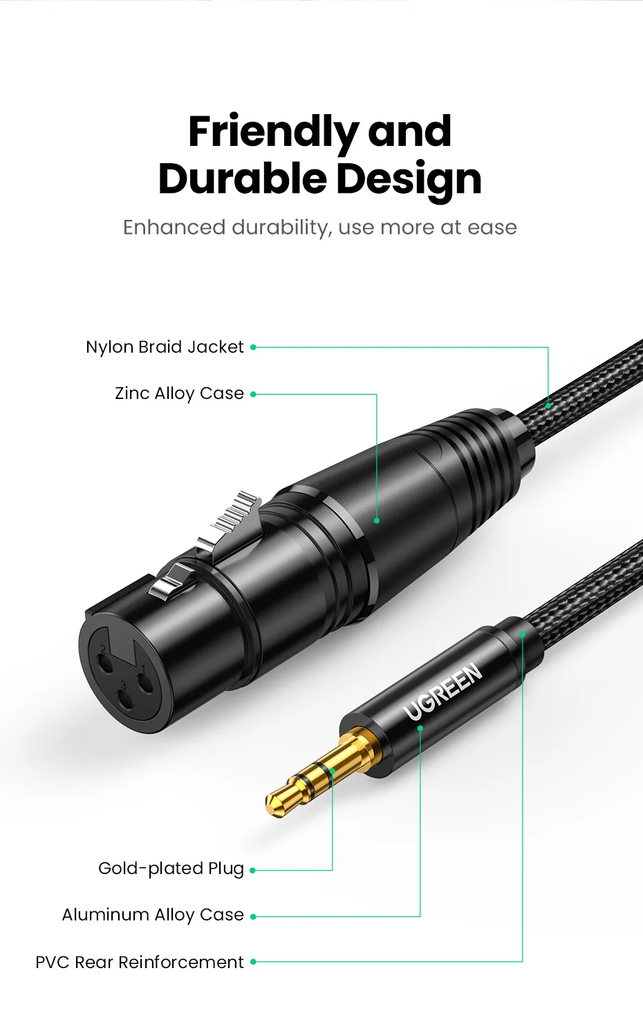 UGREEN XLR to 3.5mm Microphone Audio HiFi Cable XLR Female to Mini Jack Aux Mic Cord for Camcorders DSLR Cameras Computer