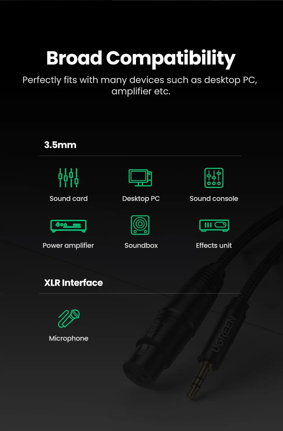 UGREEN XLR to 3.5mm Microphone Audio HiFi Cable XLR Female to Mini Jack Aux Mic Cord for Camcorders DSLR Cameras Computer