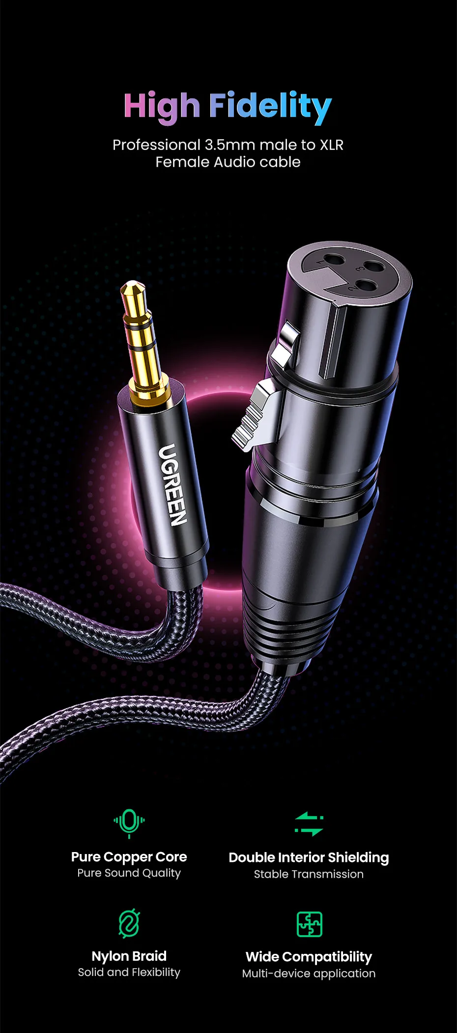 UGREEN XLR to 3.5mm Microphone Audio HiFi Cable XLR Female to Mini Jack Aux Mic Cord for Camcorders DSLR Cameras Computer