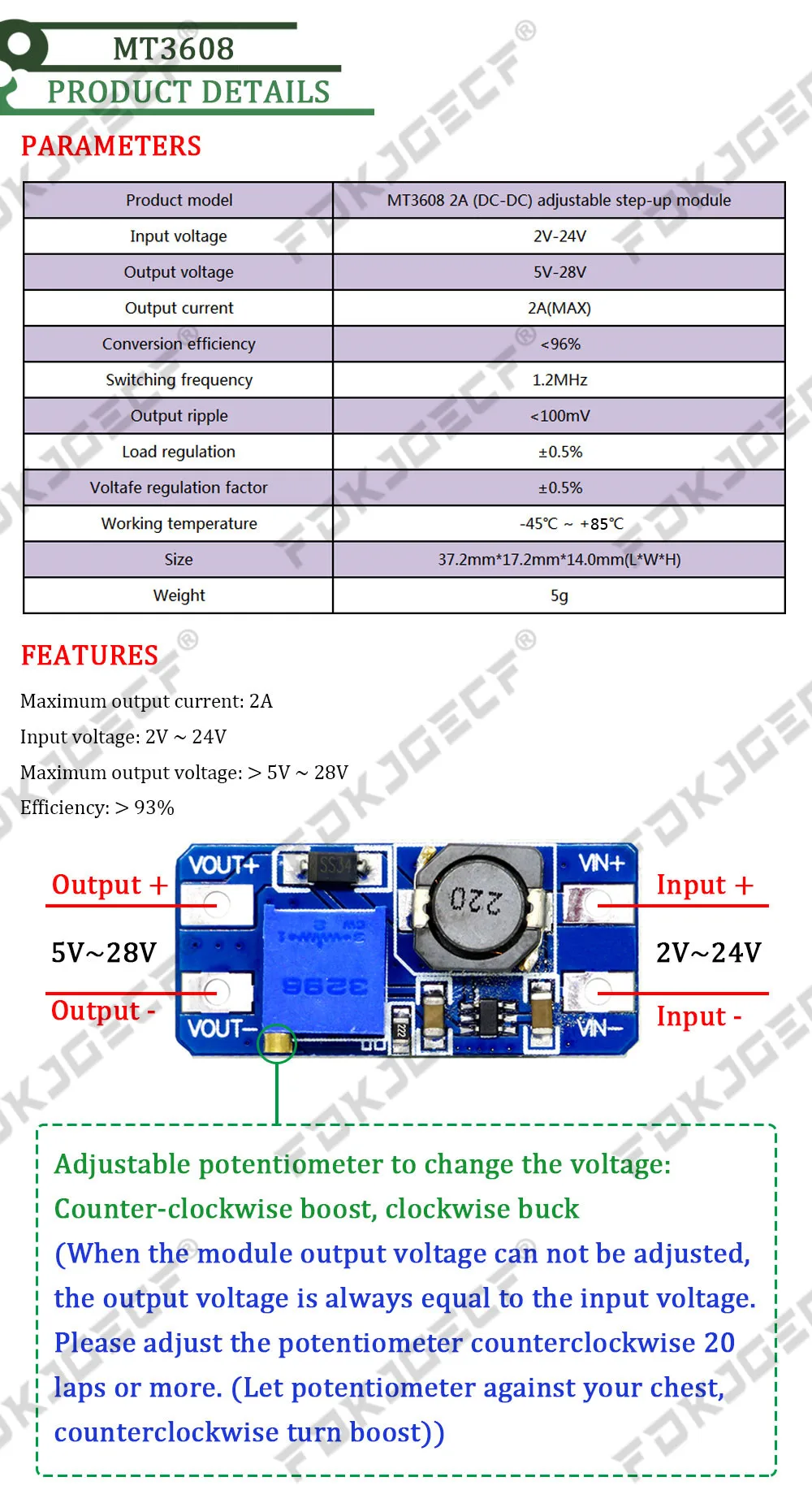 MT3608 DC-DC Step Up Converter Booster Power Supply Module Boost Step-up Board MAX output 28V 2A for arduino