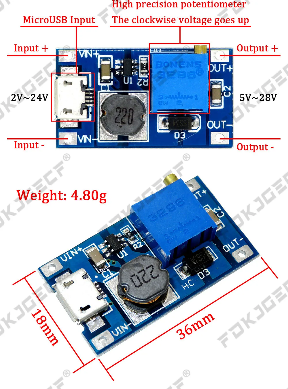 MT3608 DC-DC Step Up Converter Booster Power Supply Module Boost Step-up Board MAX output 28V 2A for arduino