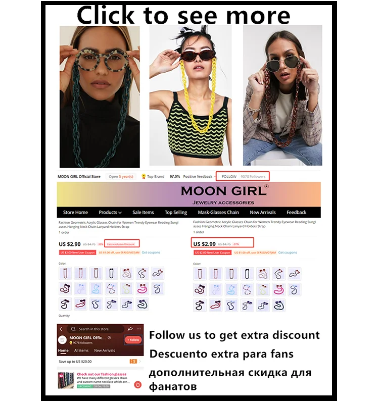 MOON GIRL 72cm Acrylic Sunglasses Chain Women Anti Slip Reading Eyewears Ribbon Clip Mask Holder Neck Strap Lanyard Dropshipping