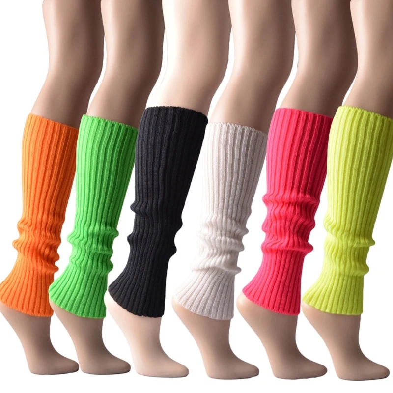Women 80s Fluorescent Colored Knit Leg Warmers Ribbed Footless Socks Stockings Halloween Accessories
