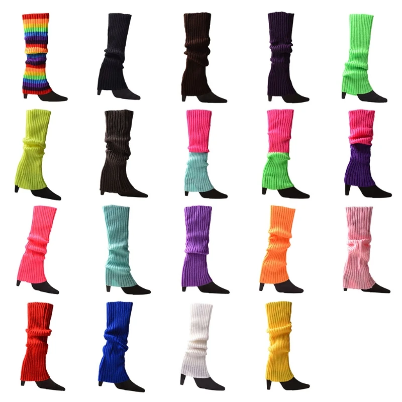 Women 80s Fluorescent Colored Knit Leg Warmers Ribbed Footless Socks Stockings Halloween Accessories