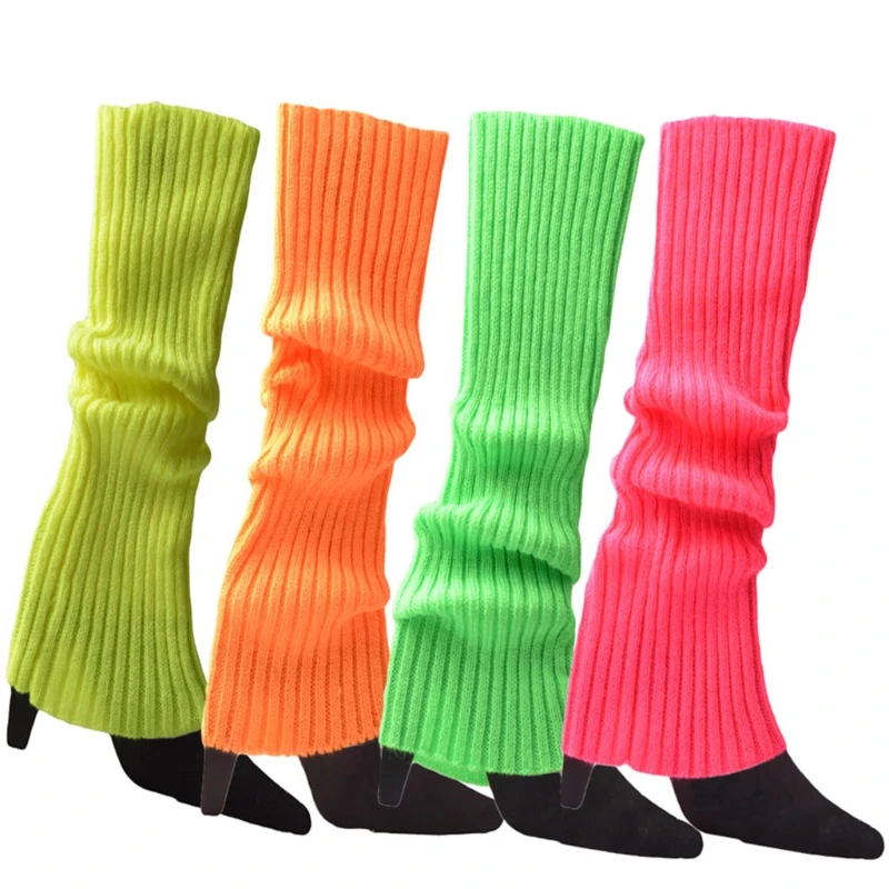 Women 80s Fluorescent Colored Knit Leg Warmers Ribbed Footless Socks Stockings Halloween Accessories