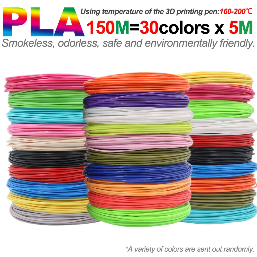 PLA Filament Diameter 1.75mm Color 3D Printing Material for 3D Pen, 10/20/30 Colors, 100M 150M 200M, Colorless, Odorless and Saf
