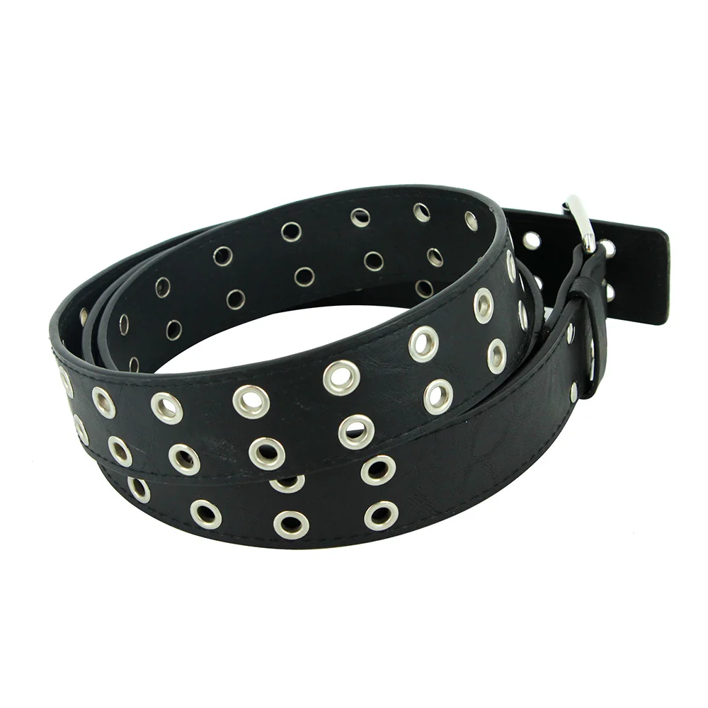 3.8cm Fashion Women Punk Belt Adjustable Black Double Eyelet Grommet Metal Buckle Cool Rivet Leather Men Waistband For Jeans