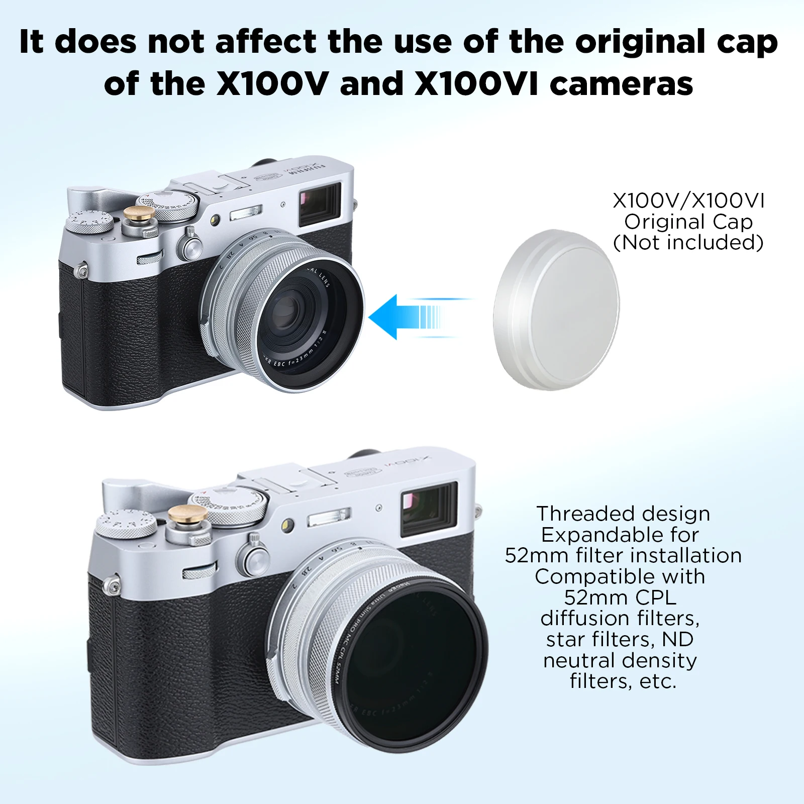 Haoge LUV-X54W Metal Lens Hood with MC UV Multicoated Ultraviolet Lens Filter for Fujifilm Fuji X100VI X100V Camera Silver