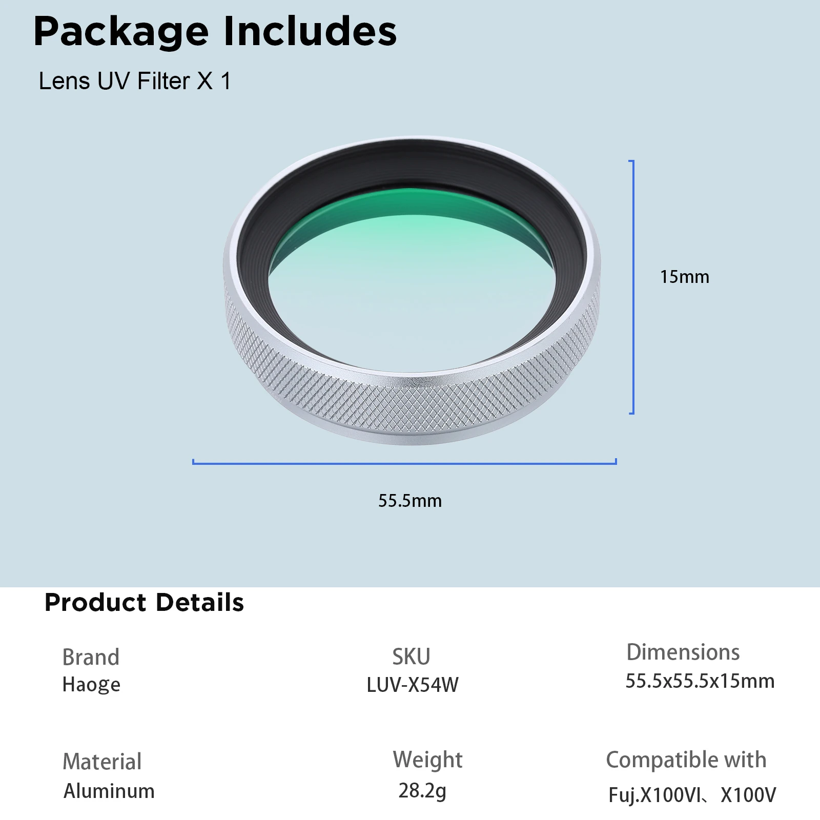 Haoge LUV-X54W Metal Lens Hood with MC UV Multicoated Ultraviolet Lens Filter for Fujifilm Fuji X100VI X100V Camera Silver