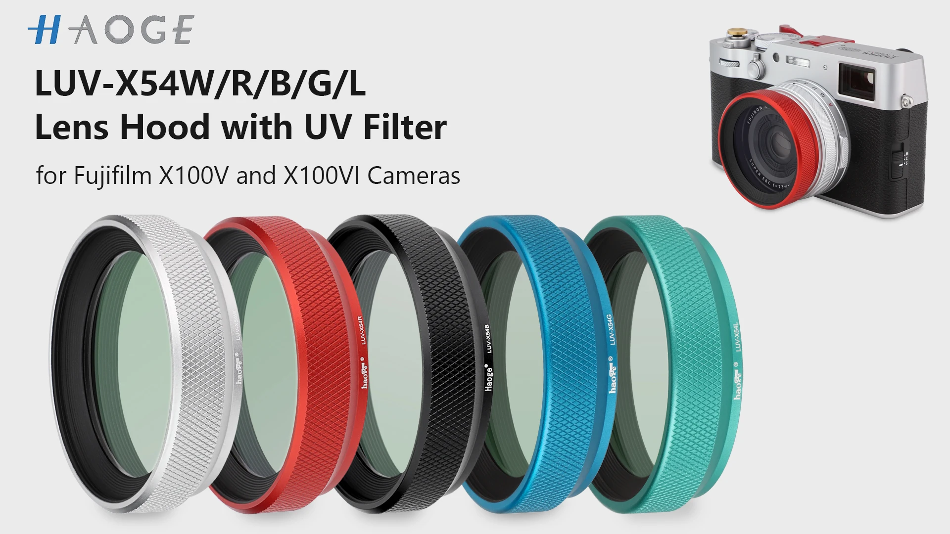Haoge LUV-X54W Metal Lens Hood with MC UV Multicoated Ultraviolet Lens Filter for Fujifilm Fuji X100VI X100V Camera Silver