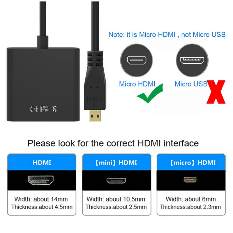Micro HDMI Input to VGA Output Connector Micro HDMI to VGA Cable Adapter 1080P for Camera Laptop PC HDTV PS4 Projector TV