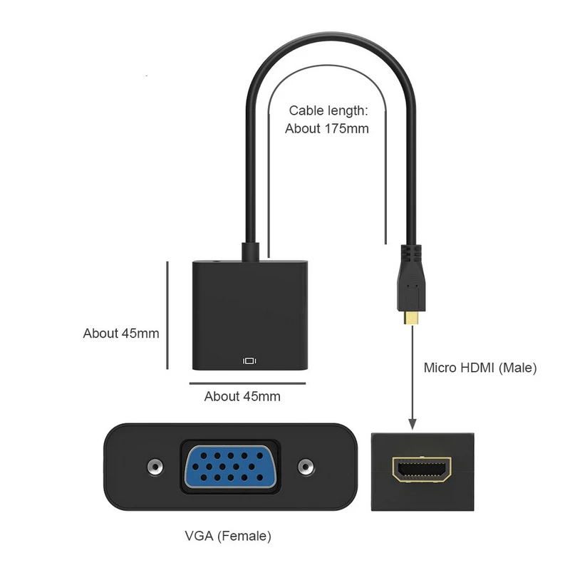 Micro HDMI Input to VGA Output Connector Micro HDMI to VGA Cable Adapter 1080P for Camera Laptop PC HDTV PS4 Projector TV