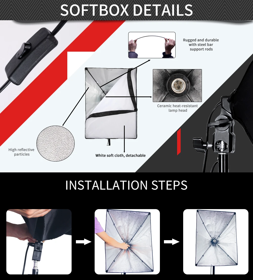 50*70cm Softbox Photography Lighting Kit Photo Studio Single Lamp Holder Continuous Lighting With 2pcs Bulbs Photo Accessories